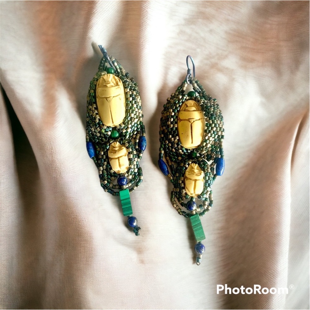 Super cool hand beaded scarab earrings OOAK